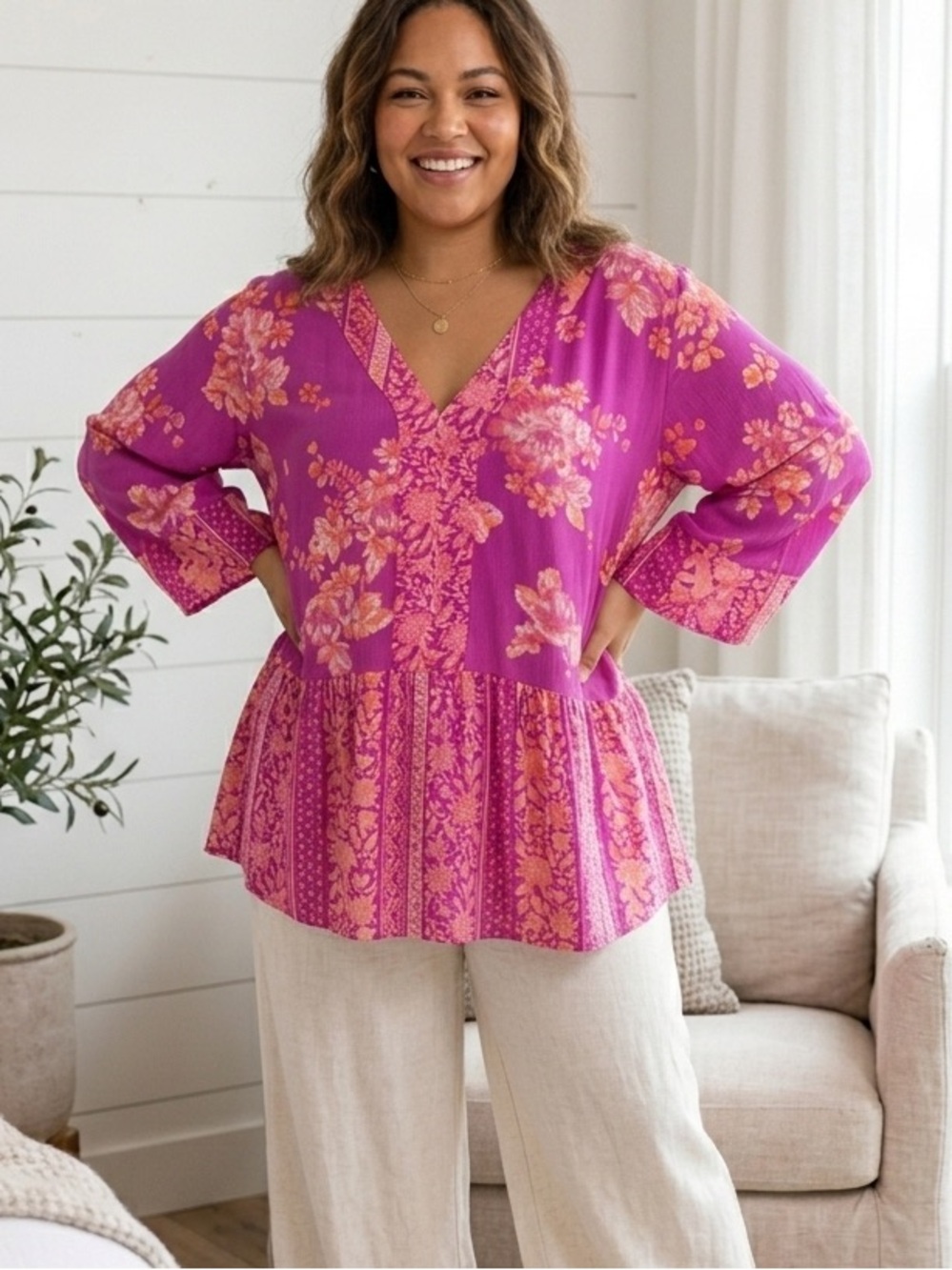 Isaac Mizrahi Live Boho Floral Babydoll Tunic Blouse Magenta Pink Plus Size 28W - Picture 1 of 9